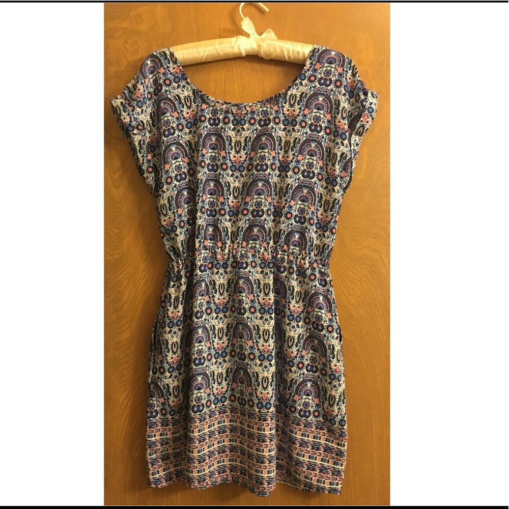 Polyester cap sleeve printed dress with pockets